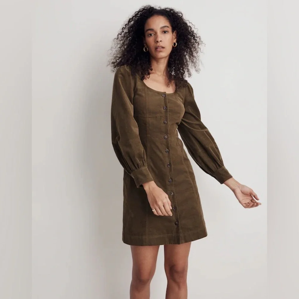 Madewell Corduroy Seamed Long-Sleeve Mini Dress Kale 10 - Picture 2 of 10